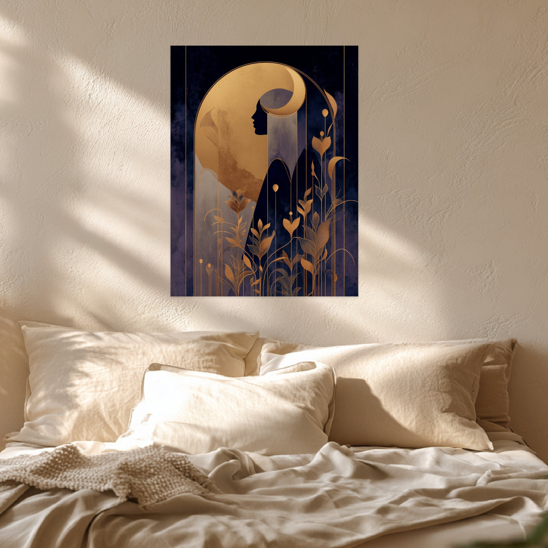 Goldene weibliche Silhouette Pflanzen Leinwandbild abstrakt – Leinwand auf Holzrahmen – Ansicht 4