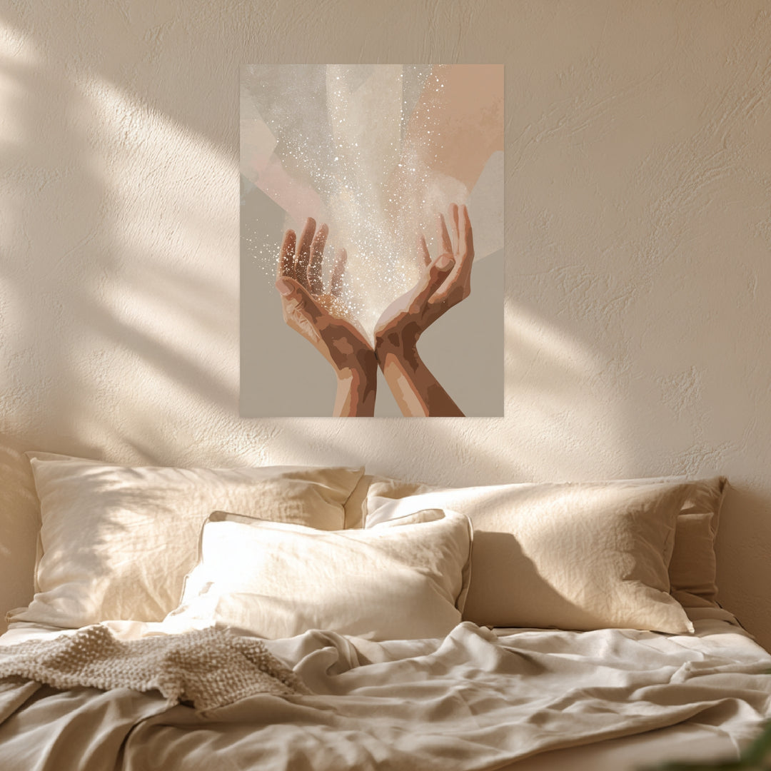 Hände mit Lichtenergie Leinwandbild abstrakt – Leinwand auf Holzrahmen – Ansicht 3
