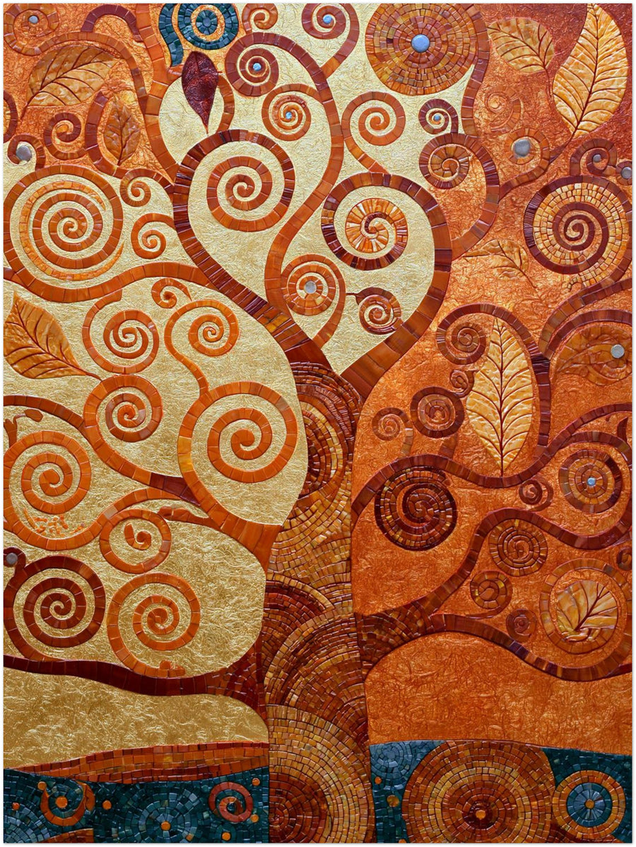 Goldener Lebensbaum als spiralförmiges Mosaik auf Leinwand