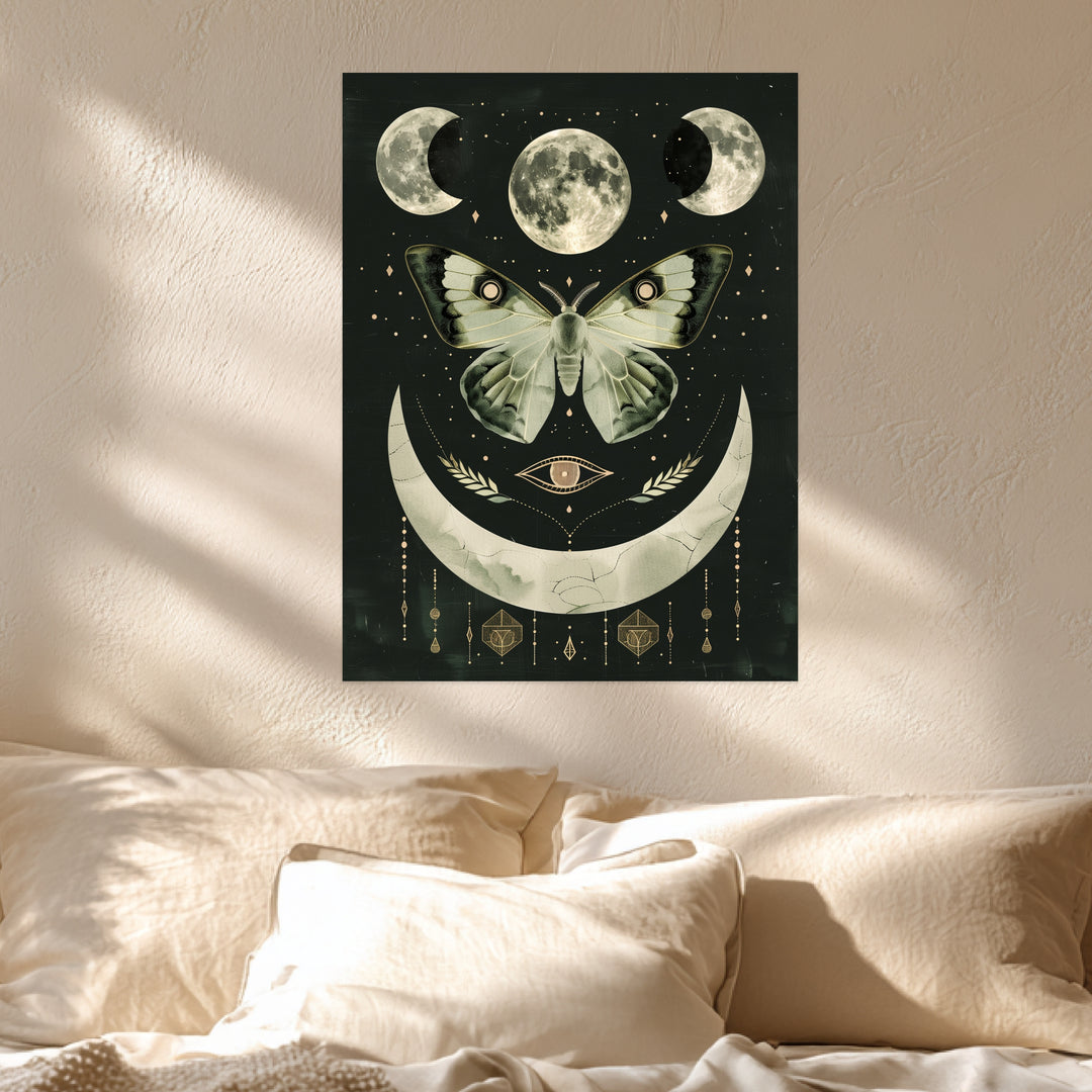 Mondphasen mit Motte Leinwandbild spirituell – Leinwand auf Holzrahmen – Ansicht 3