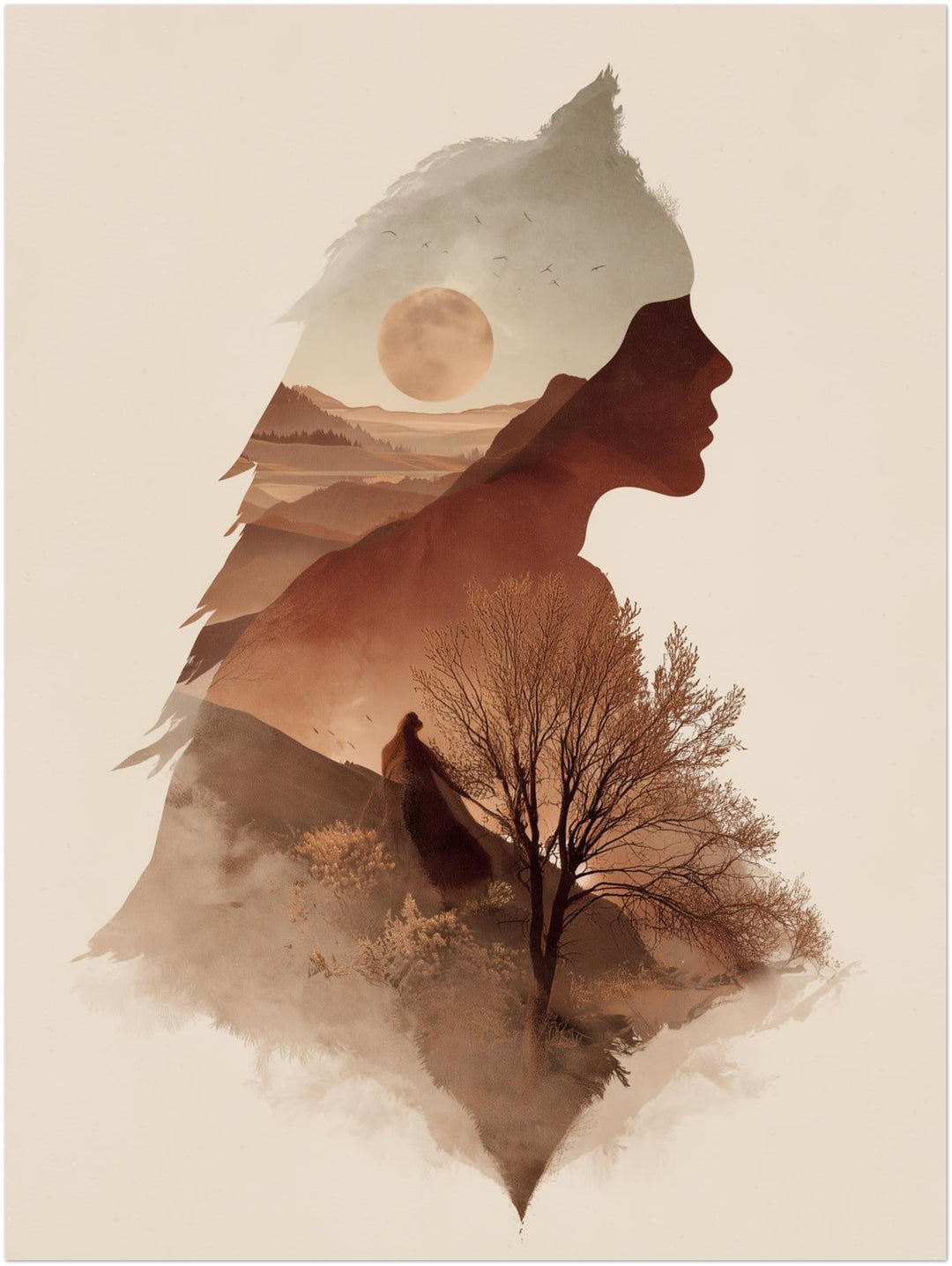 Weibliches Profil Landschaft abstrakt – Wandkunst