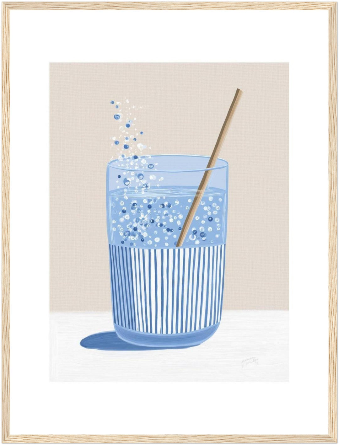 Sprudelwasser mit Strohhalm Poster – Holz natur Rahmen – Produktfoto