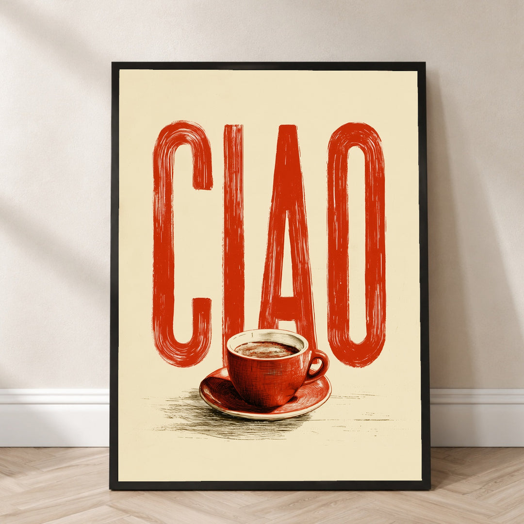 Ciao Espresso rot Poster – Schwarzer Rahmen – Produktfoto