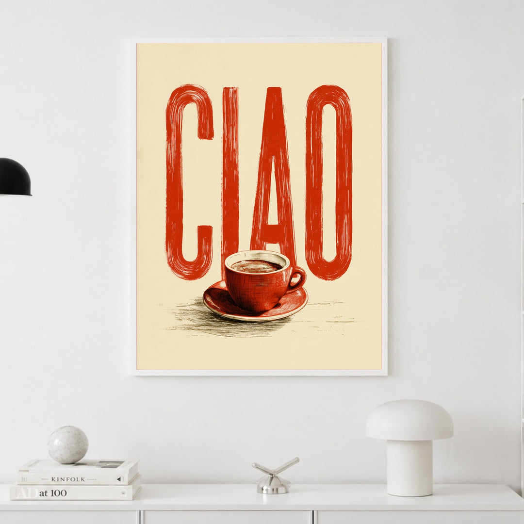 Ciao Espresso rot Poster – Weißer Rahmen – Produktfoto