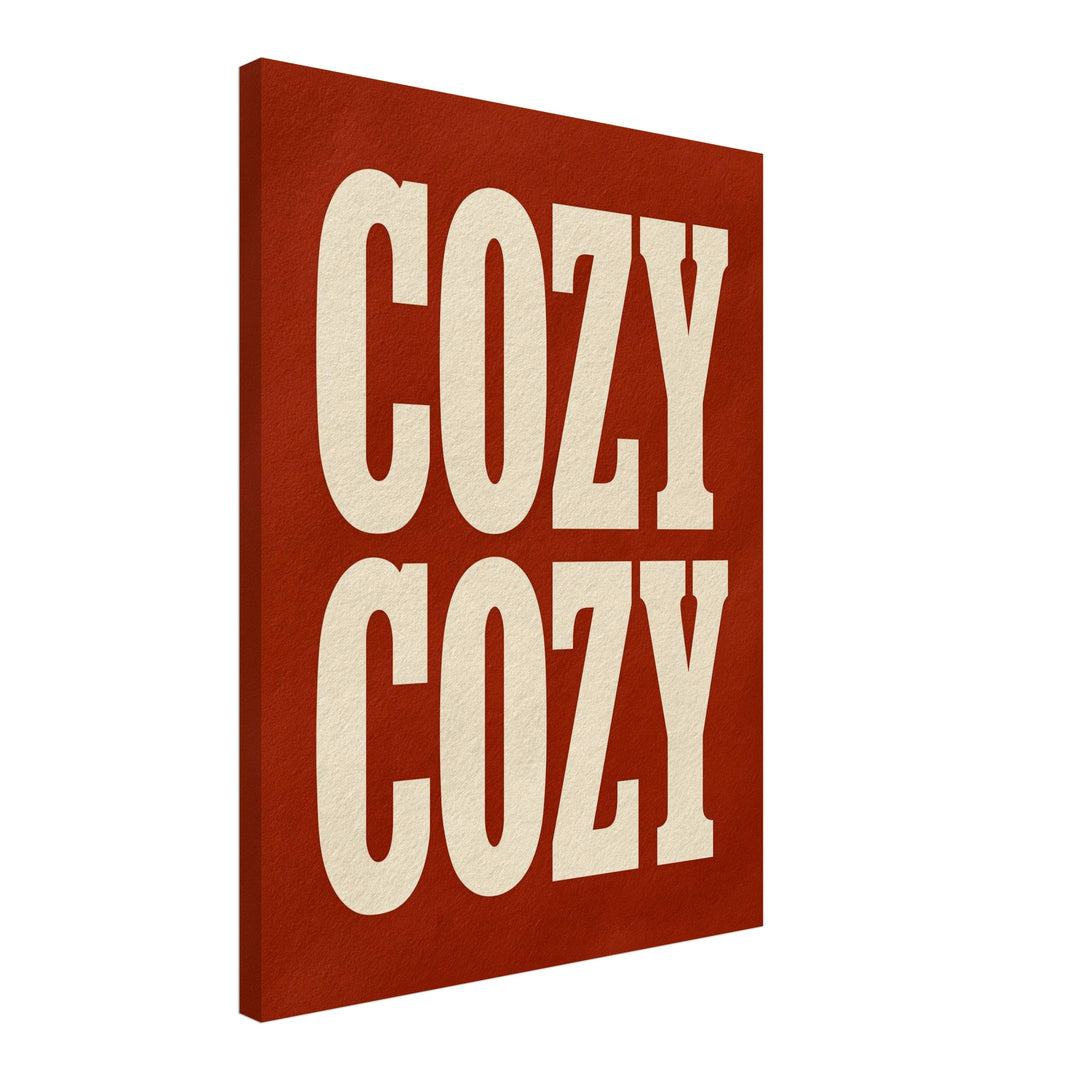 Cozy Schriftzug rot Leinwandbild – Schräge Ansicht – Produktfoto