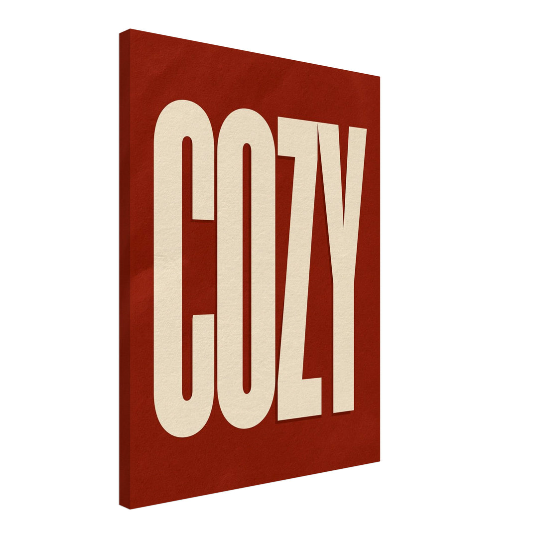 Cozy Schriftzug in rot Leinwandbild – Schräge Ansicht – Produktfoto