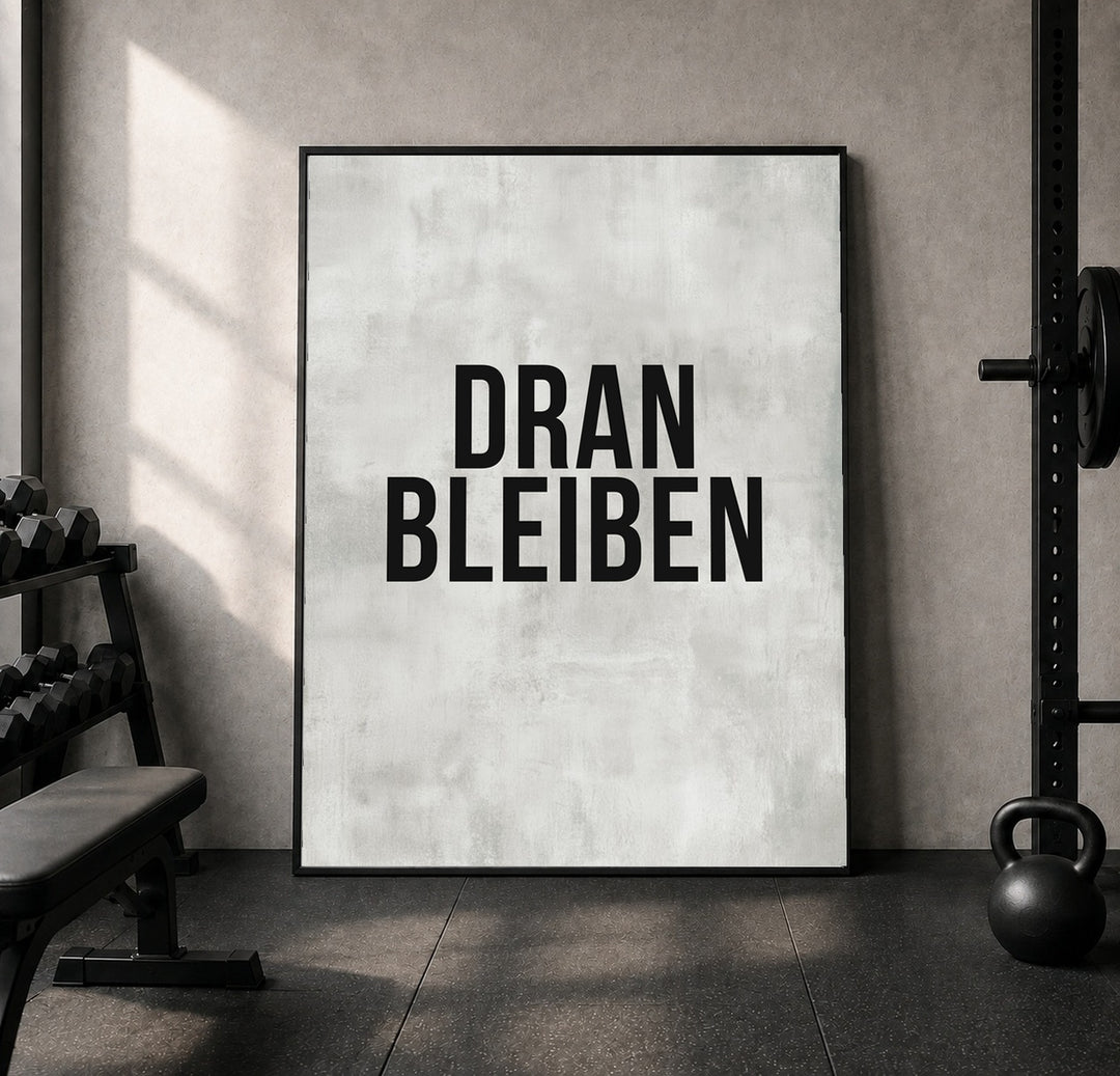 Dranbleiben Typografie grau Leinwand – Leinwandbild