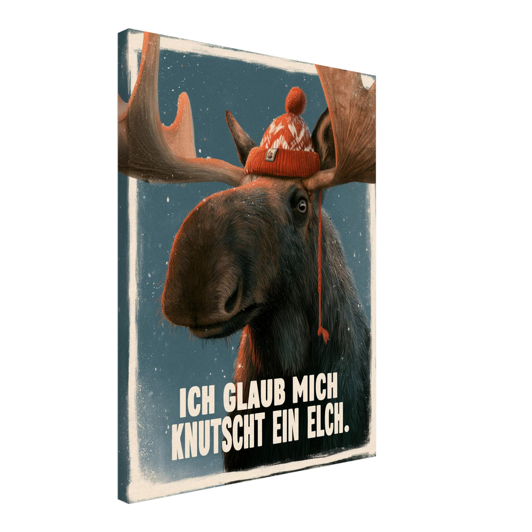 Elch mit Wollmütze Leinwandbild – Schräge Ansicht – Produktfoto