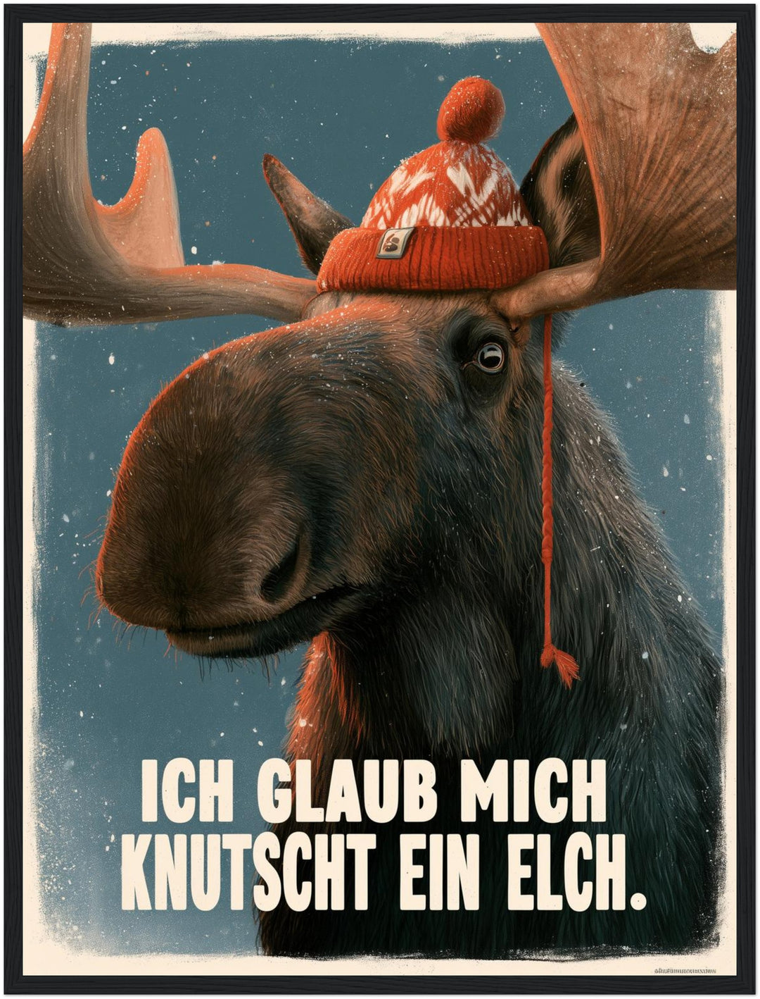 Elch mit Wollmütze Poster – Schwarzer Rahmen – Produktfoto