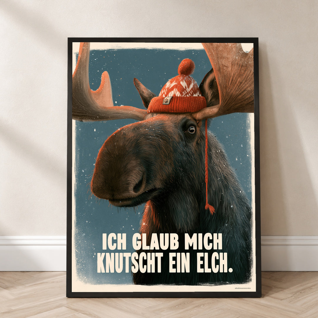 Elch mit Wollmütze Poster – Schwarzer Rahmen – Produktfoto