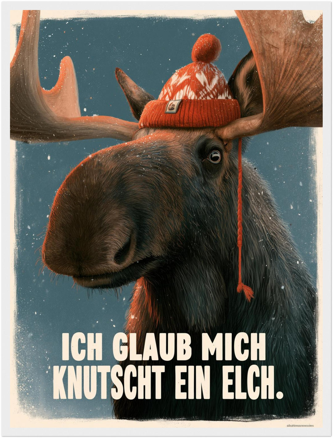 Elch mit Wollmütze Poster – Weißer Rahmen – Produktfoto