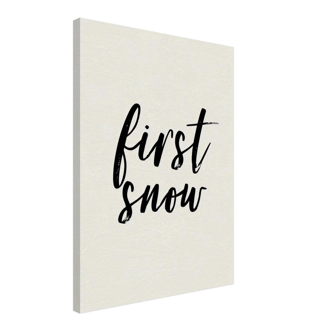 Erster Schnee Schriftzug Leinwandbild – Schräge Ansicht – Produktfoto