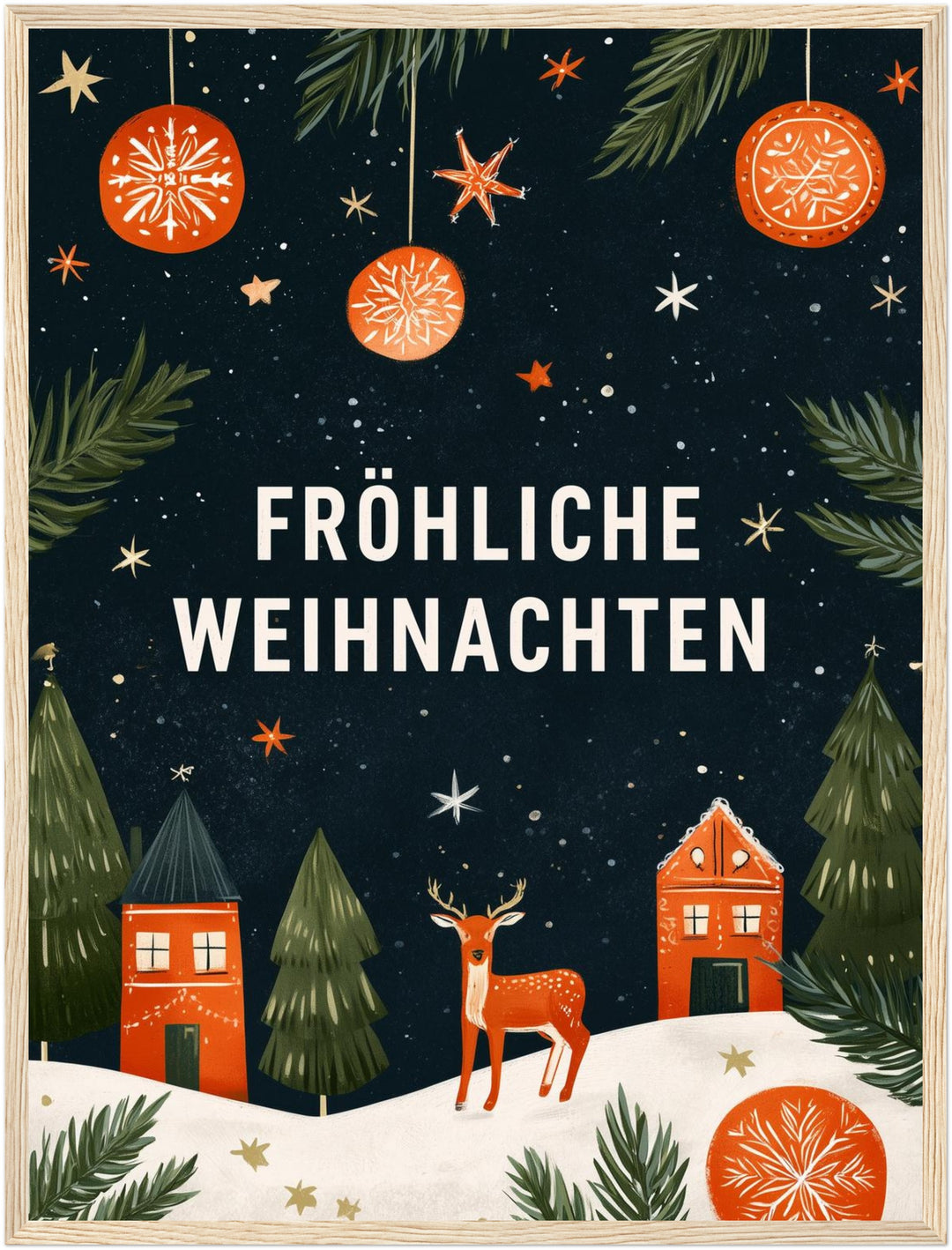 Fröhliche Weihnachten Winterdorf Poster – Holz natur Rahmen – Produktfoto