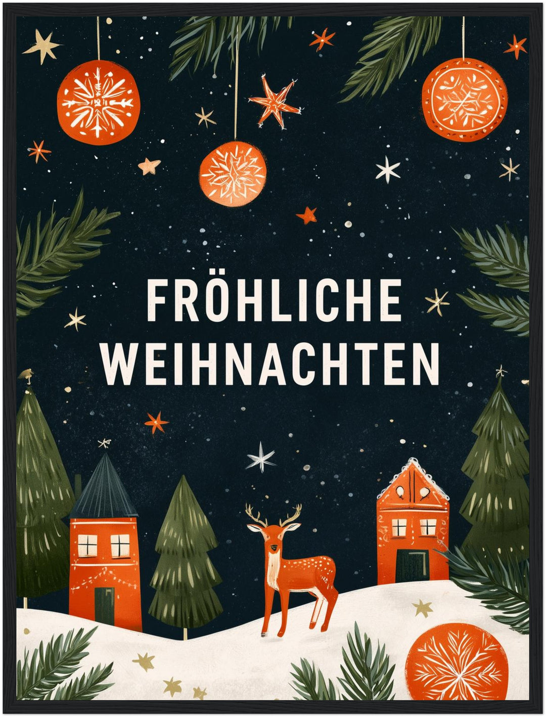 Fröhliche Weihnachten Winterdorf Poster – Schwarzer Rahmen – Produktfoto