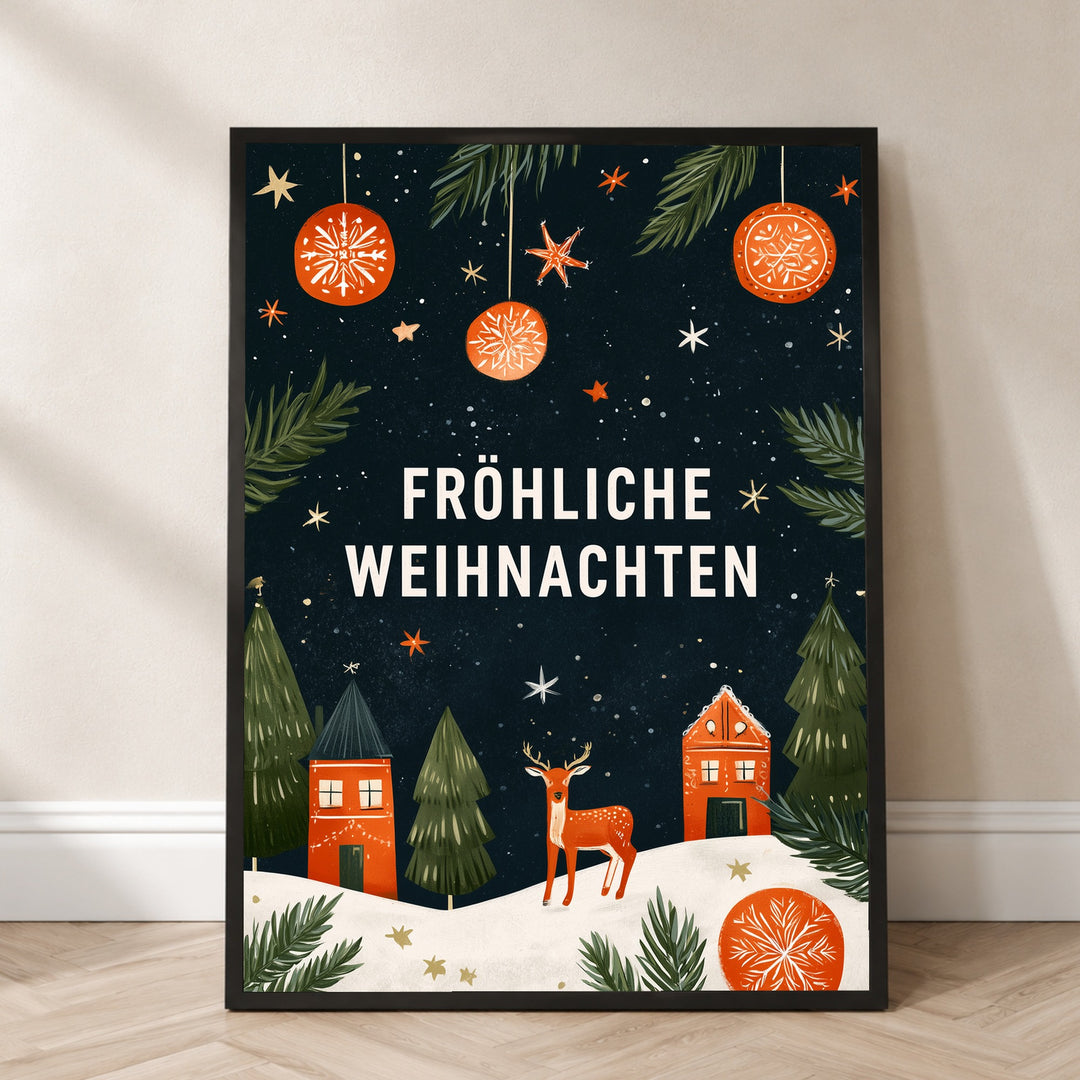 Fröhliche Weihnachten Winterdorf Poster – Schwarzer Rahmen – Produktfoto