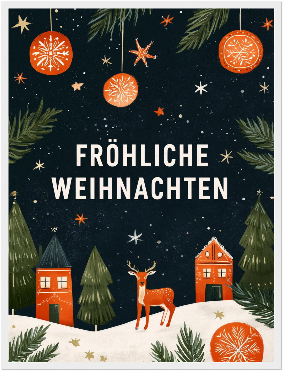 Fröhliche Weihnachten Winterdorf Poster – Weißer Rahmen – Produktfoto