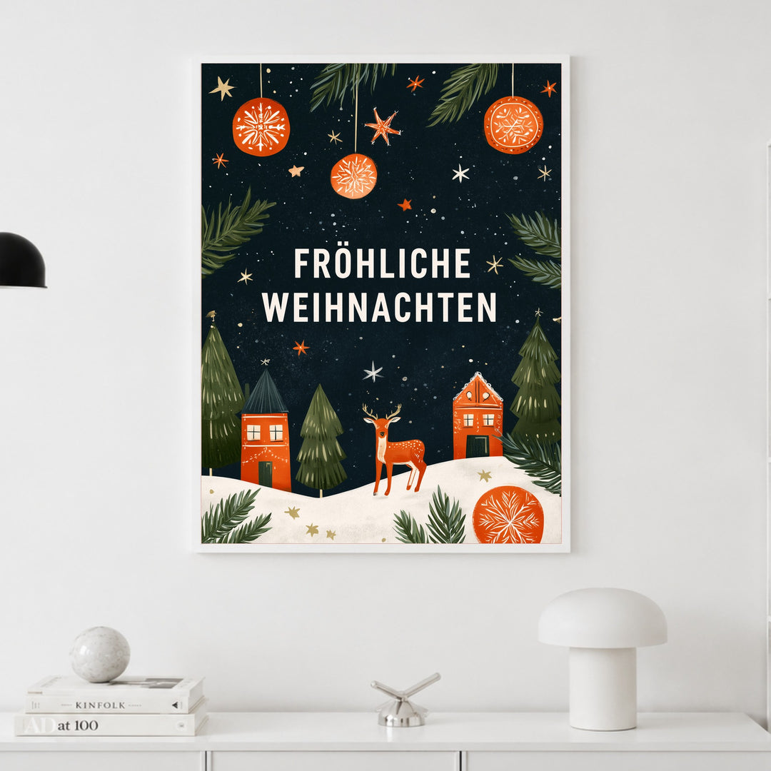 Fröhliche Weihnachten Winterdorf Poster – Weißer Rahmen – Produktfoto