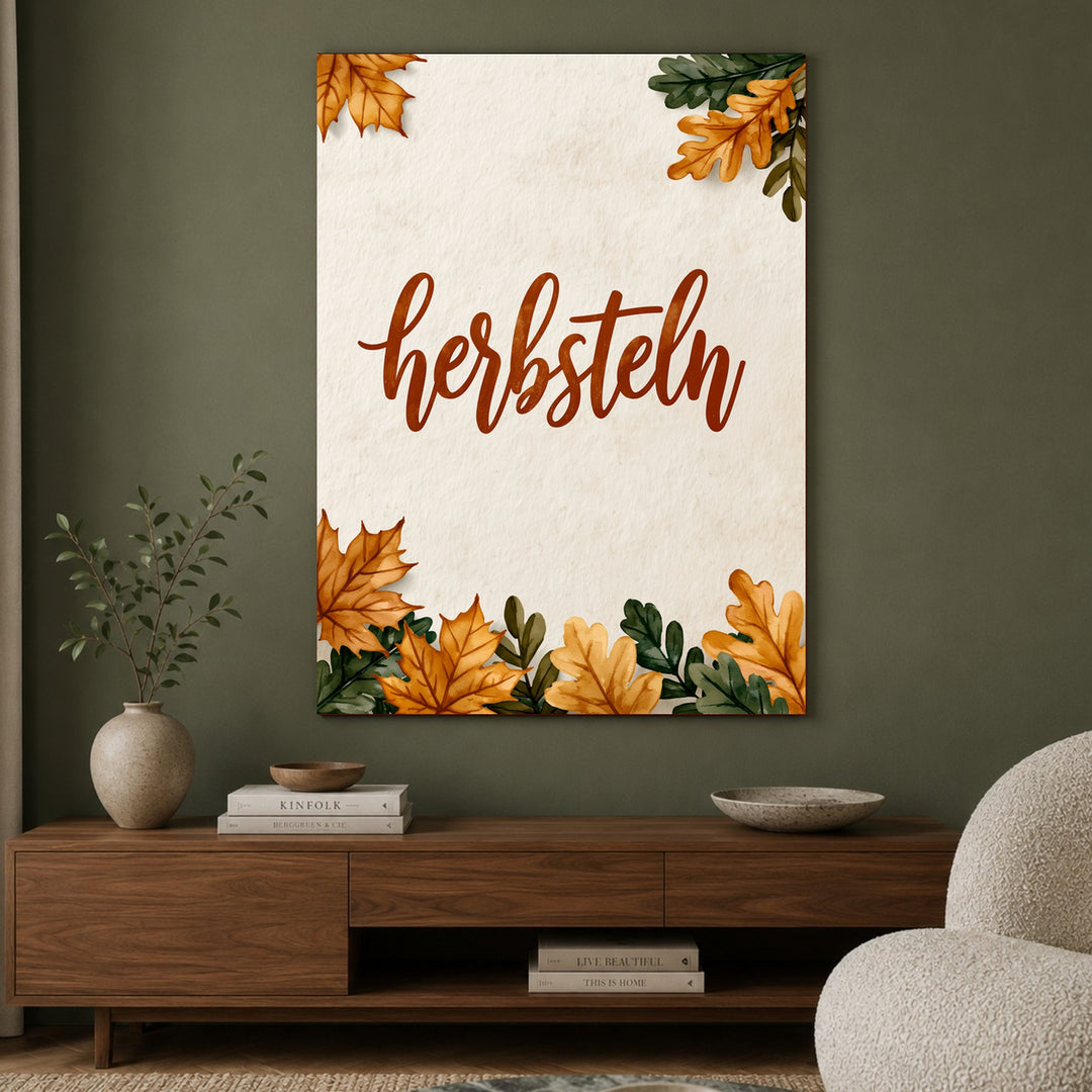 Herbsteln Schriftzug Blätter Leinwandbild – Ohne Rahmen – Produktfoto