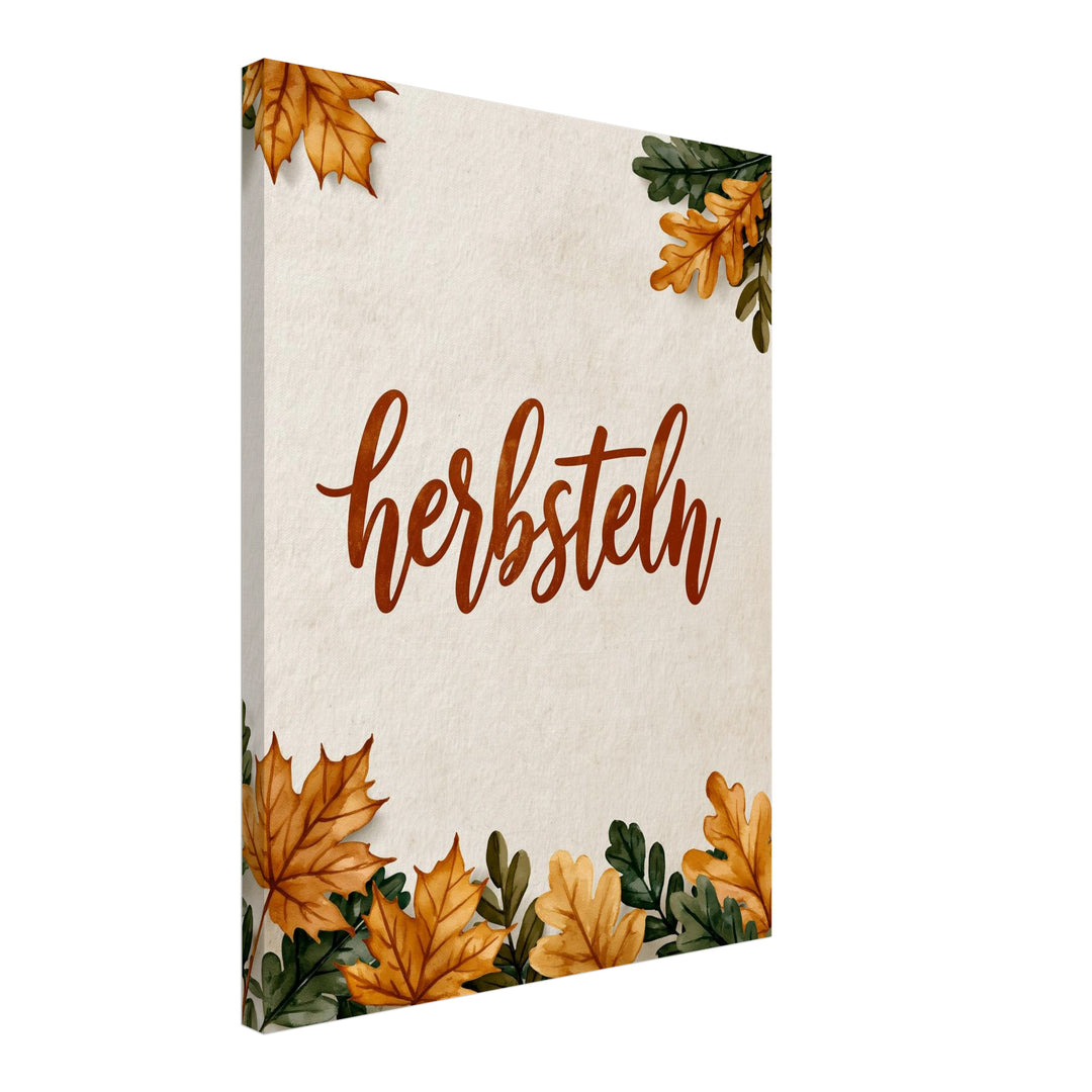 Herbsteln Schriftzug Blätter Leinwandbild – Schräge Ansicht – Produktfoto