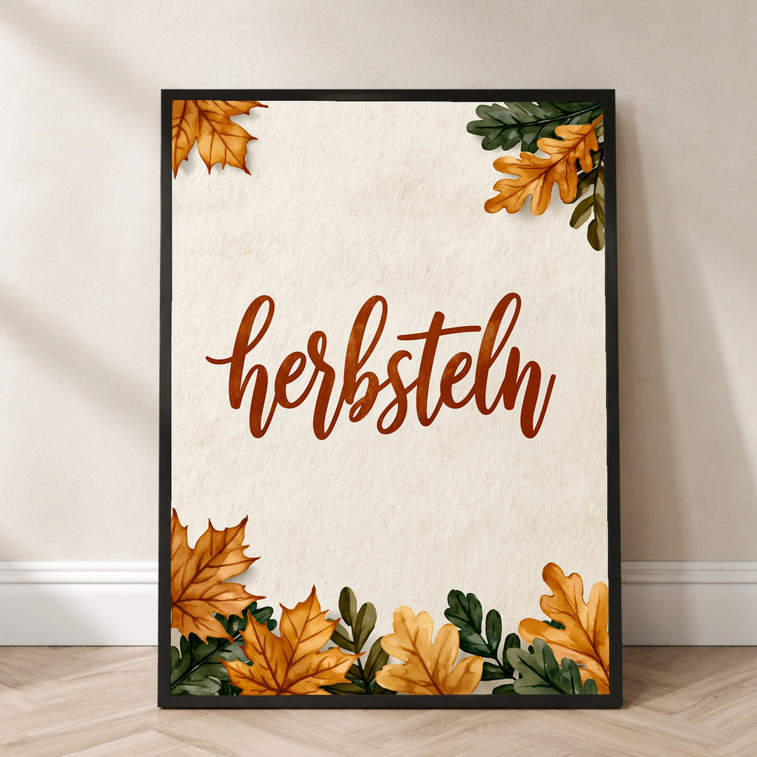Herbsteln Schriftzug Blätter Poster – Schwarzer Rahmen – Produktfoto