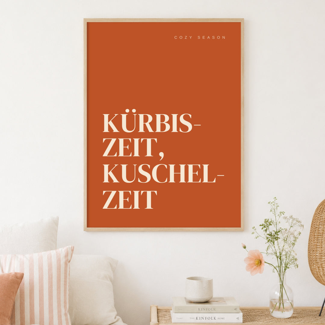 Kürbiszeit Kuschelzeit Herbst Poster – Holz natur Rahmen – Produktfoto
