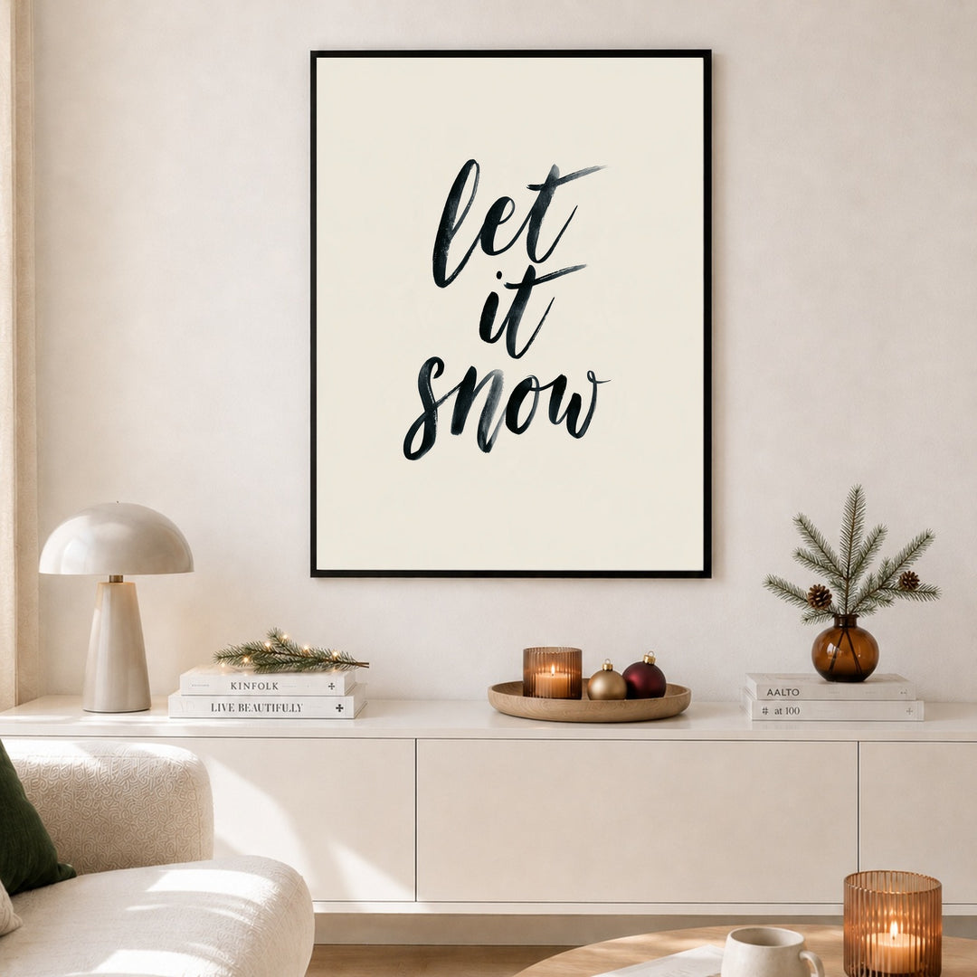 Let It Snow Kalligrafie Poster – Schwarzer Rahmen – Produktfoto