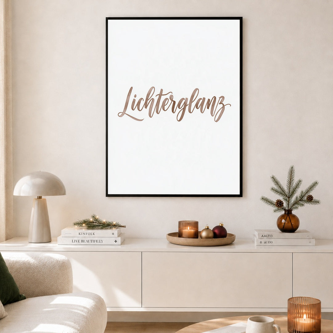Lichterglanz in Roségold Poster – Schwarzer Rahmen – Produktfoto