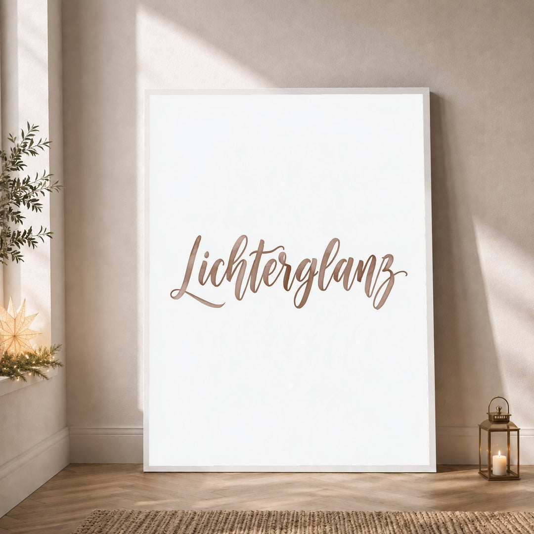 Lichterglanz in Roségold Poster – Weißer Rahmen – Produktfoto