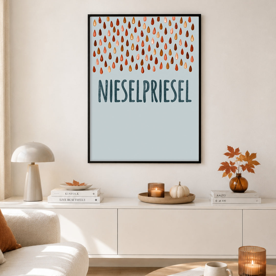 Nieselpriesel Regentropfen Poster – Schwarzer Rahmen – Produktfoto