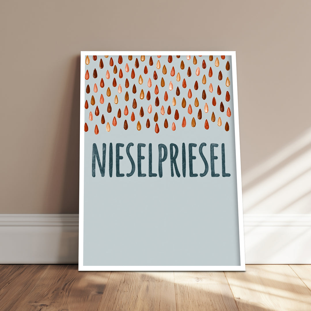 Nieselpriesel Regentropfen Poster – Weißer Rahmen – Produktfoto