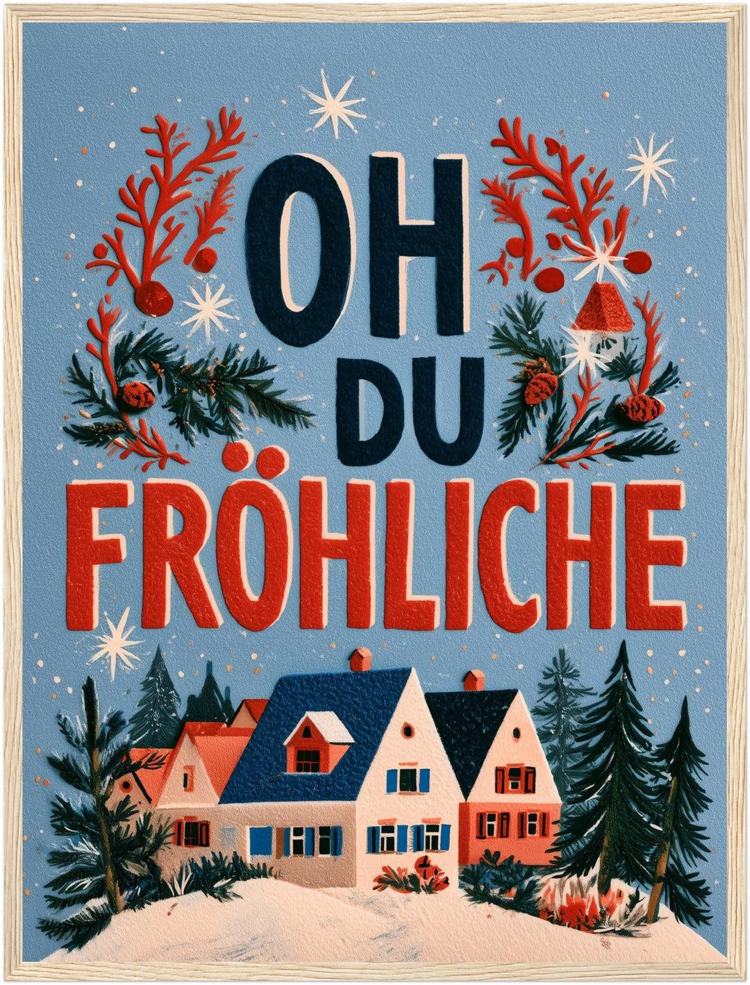 Oh du fröhliche Winterdorf Poster – Holz natur Rahmen – Produktfoto