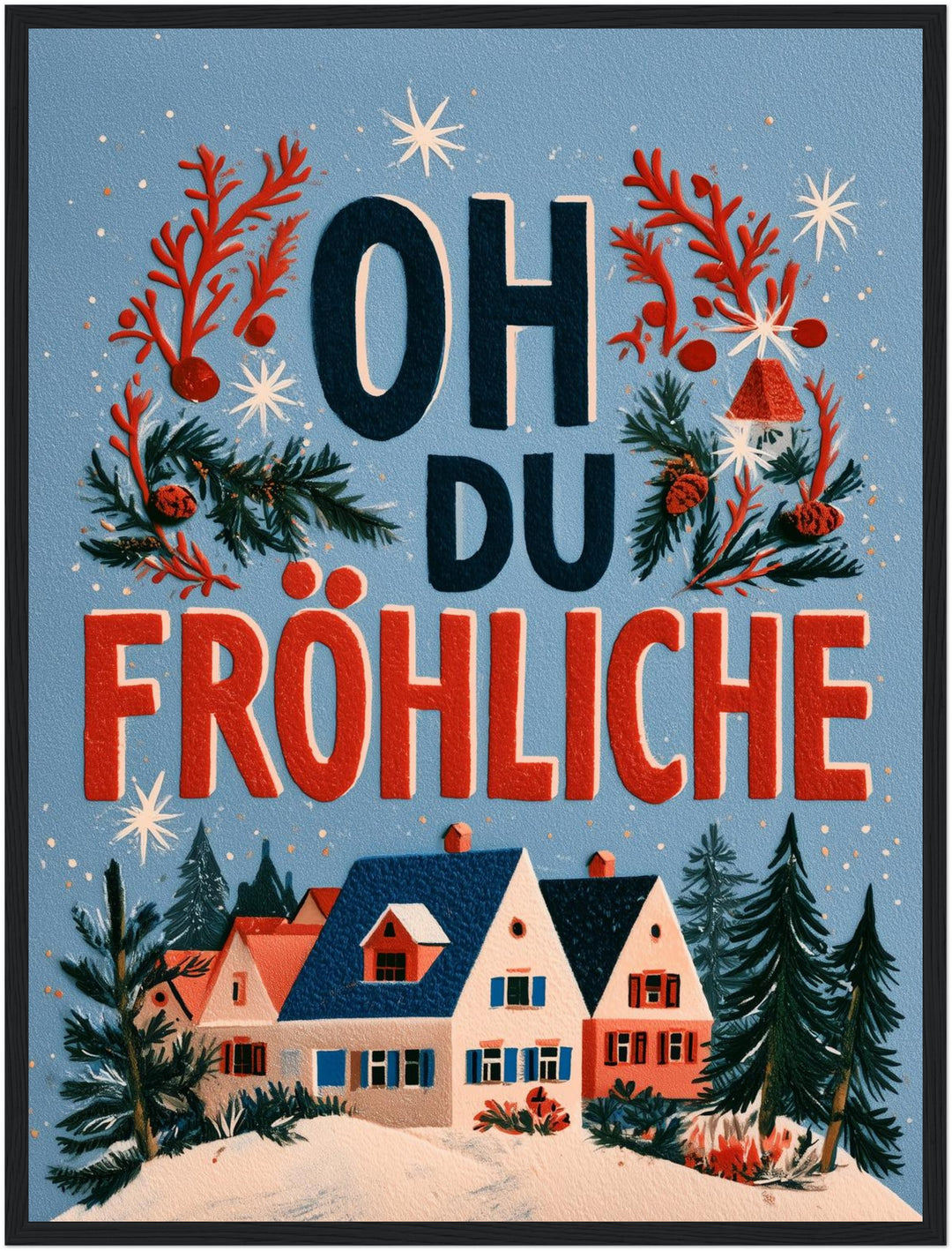 Oh du fröhliche Winterdorf Poster – Schwarzer Rahmen – Produktfoto