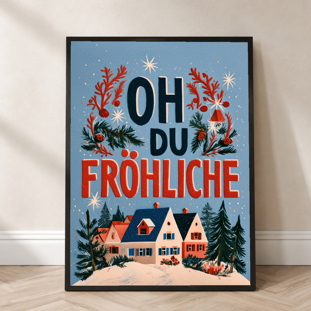 Oh du fröhliche Winterdorf Poster – Schwarzer Rahmen – Produktfoto