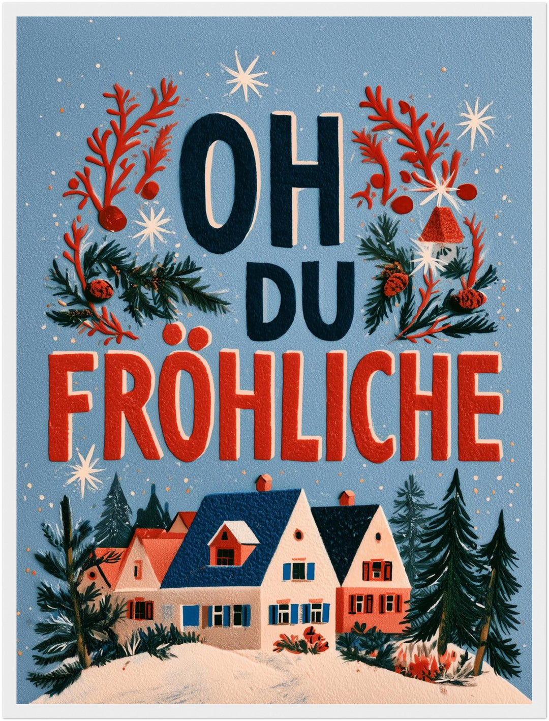 Oh du fröhliche Winterdorf Poster – Weißer Rahmen – Produktfoto