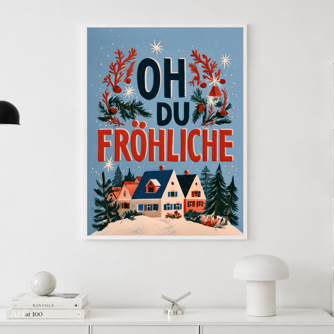Oh du fröhliche Winterdorf Poster – Weißer Rahmen – Produktfoto