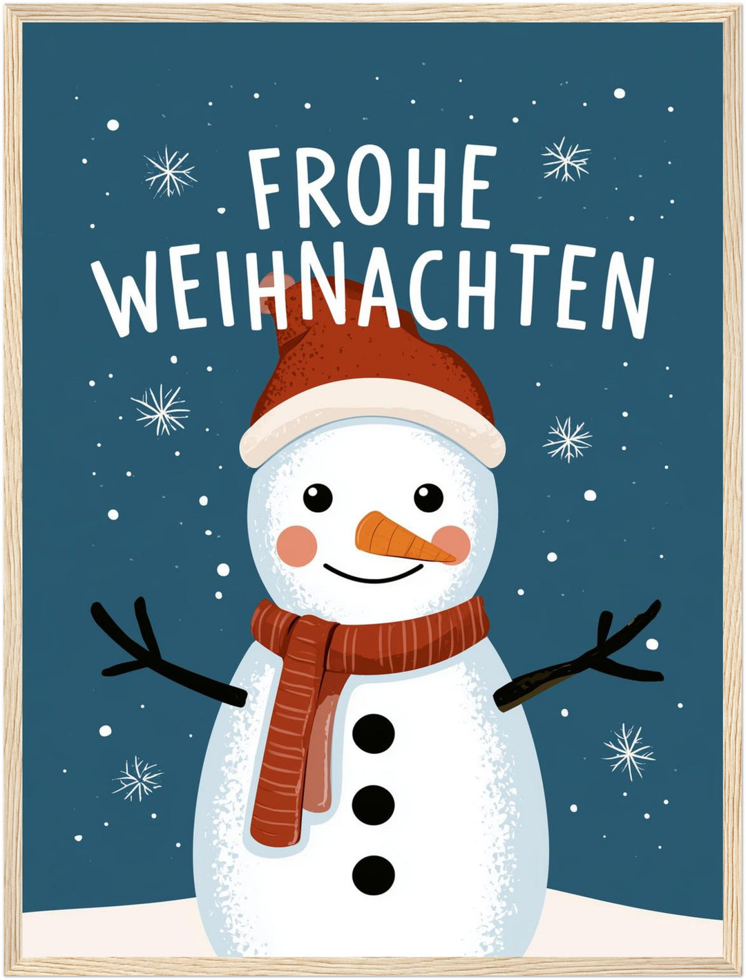 Frohe Weihnachten Schneemann Poster – Holz natur Rahmen – Produktfoto