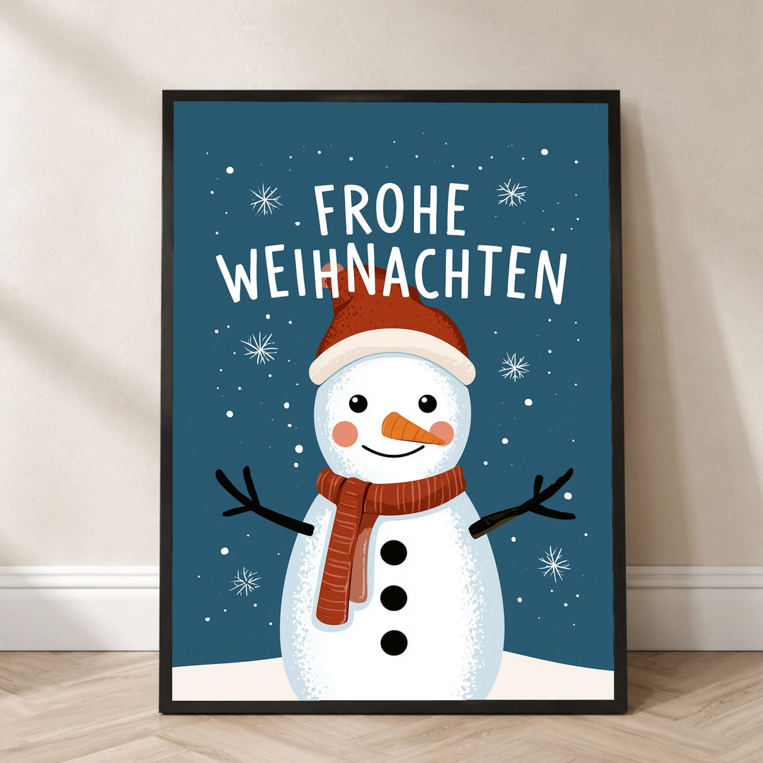 Frohe Weihnachten Schneemann Poster – Schwarzer Rahmen – Produktfoto