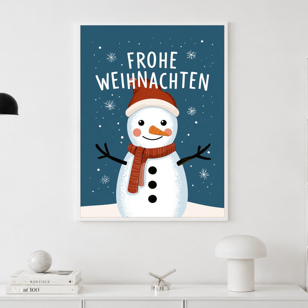 Frohe Weihnachten Schneemann Poster – Weißer Rahmen – Produktfoto