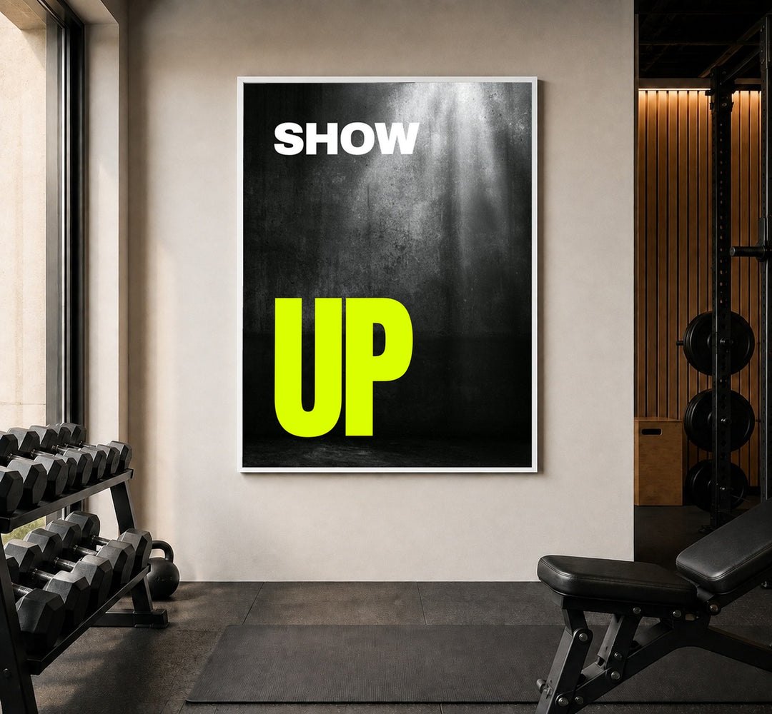 Show Up – Neongelber Aufruf Poster – Weißer Rahmen – Produktfoto