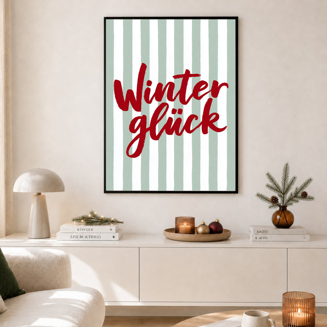 Winterglück im Streifenlook Poster – Schwarzer Rahmen – Produktfoto