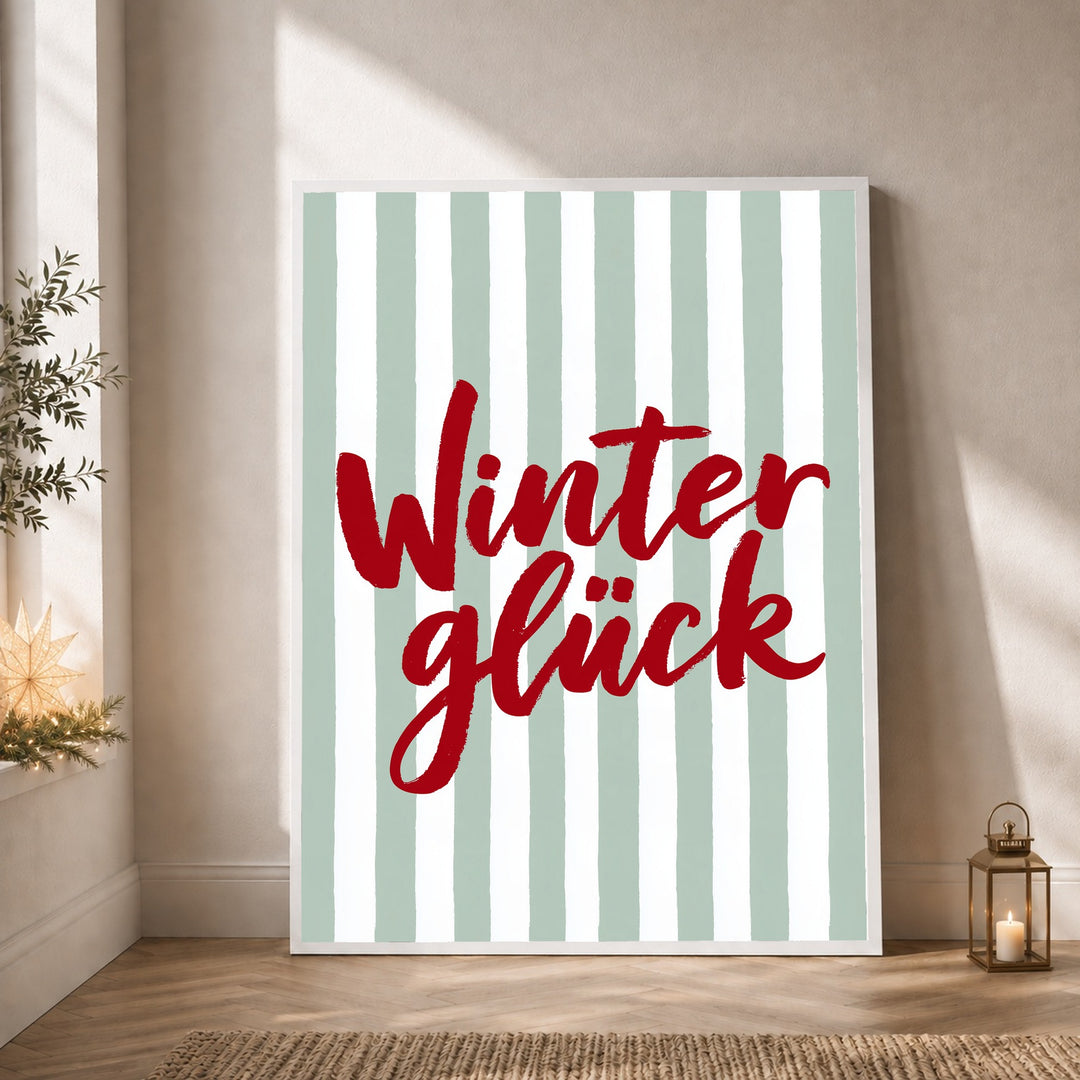Winterglück im Streifenlook Poster – Weißer Rahmen – Produktfoto