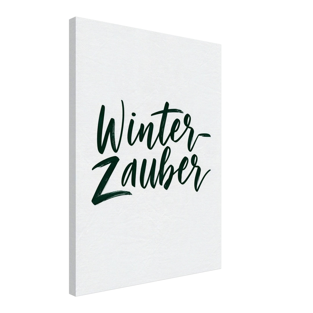 Winterzauber Schriftzug dunkelgrün Leinwandbild – Schräge Ansicht – Produktfoto