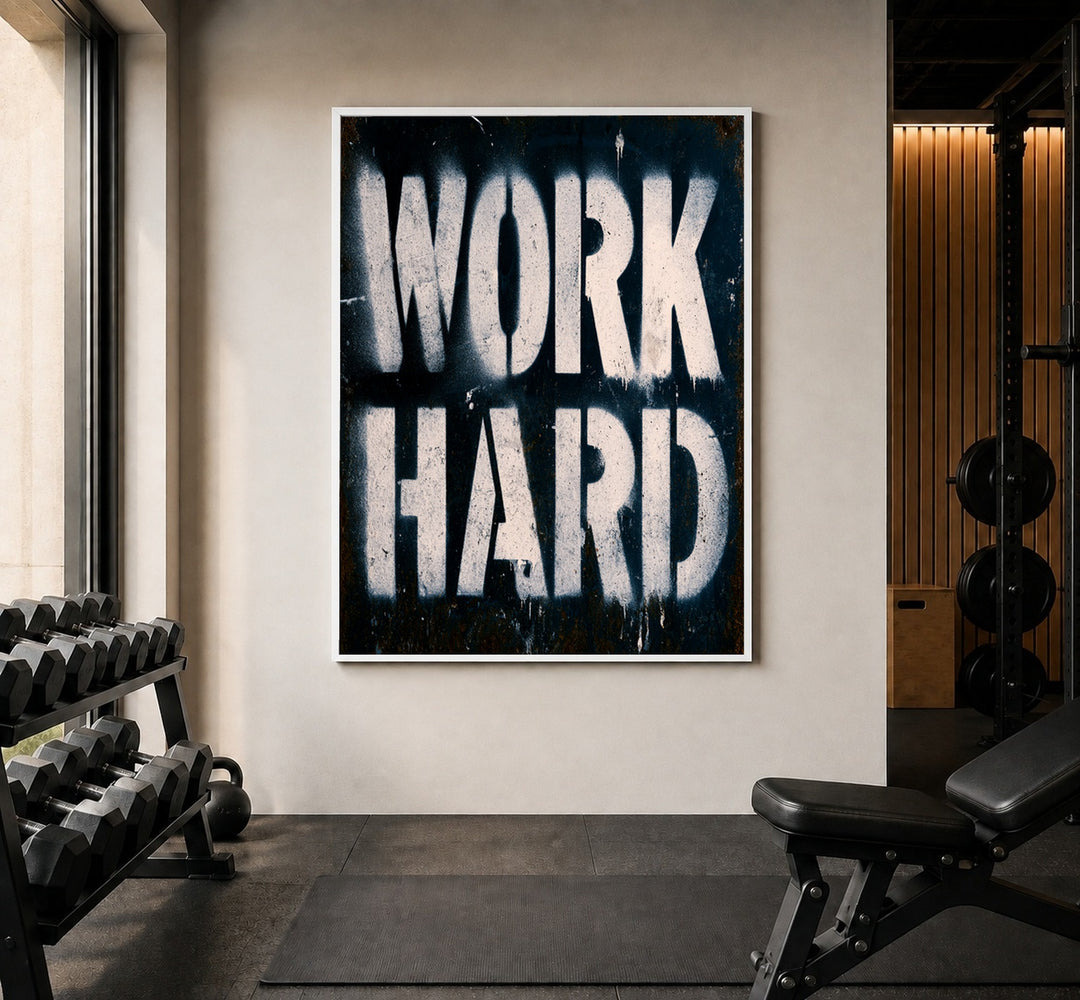 Work Hard Stencil Poster – Weißer Rahmen – Produktfoto