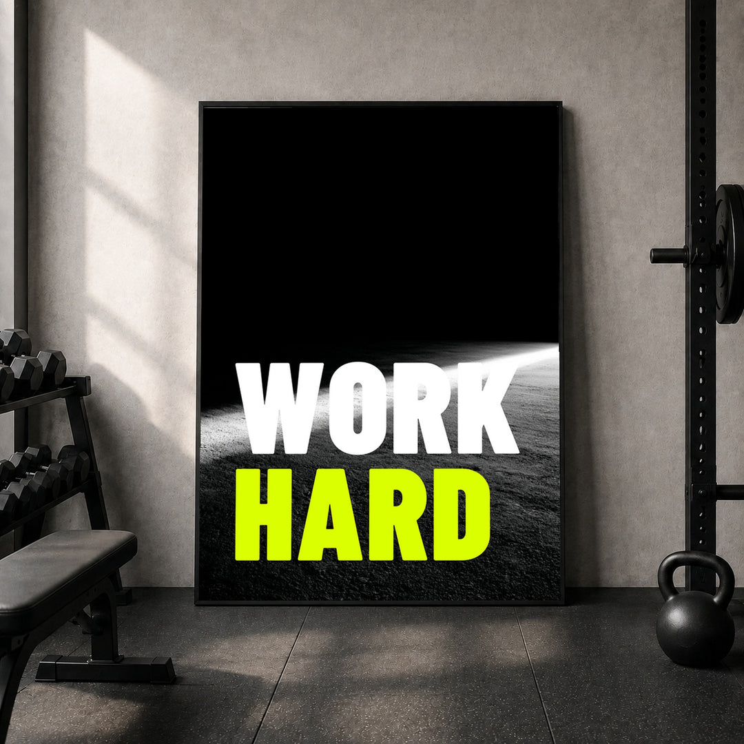 Work Hard Licht Poster – Schwarzer Rahmen – Produktfoto