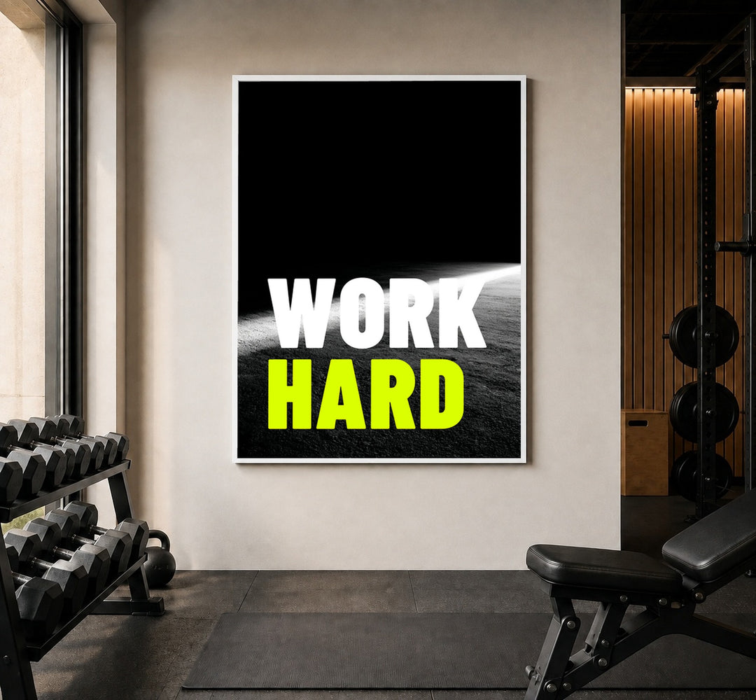 Work Hard Licht Poster – Weißer Rahmen – Produktfoto
