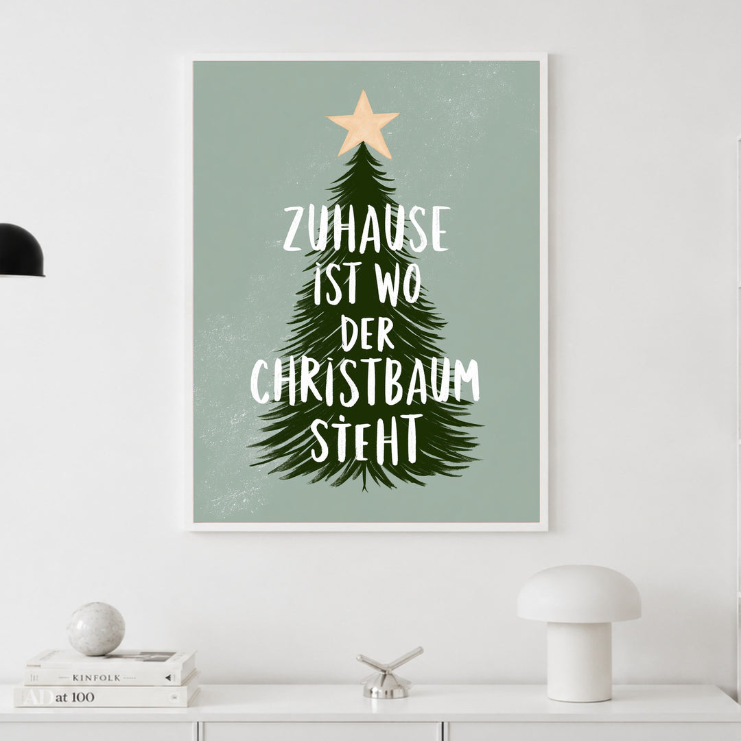 Zuhause ist wo Christbaum Poster – Weißer Rahmen – Produktfoto