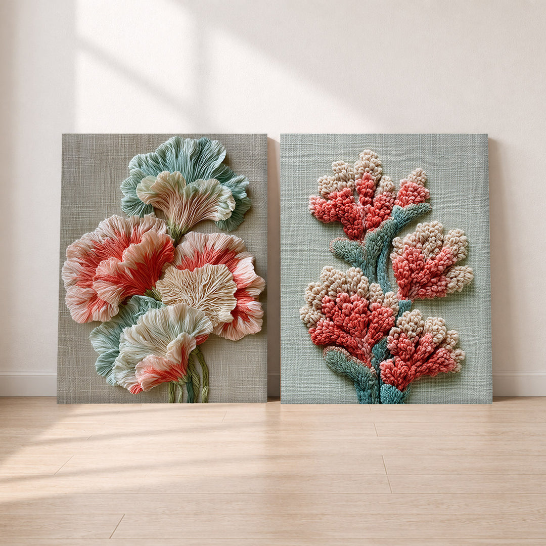 Set-Ansicht: Stickerei Leinwand Set – Blüten in Pastell (2er)