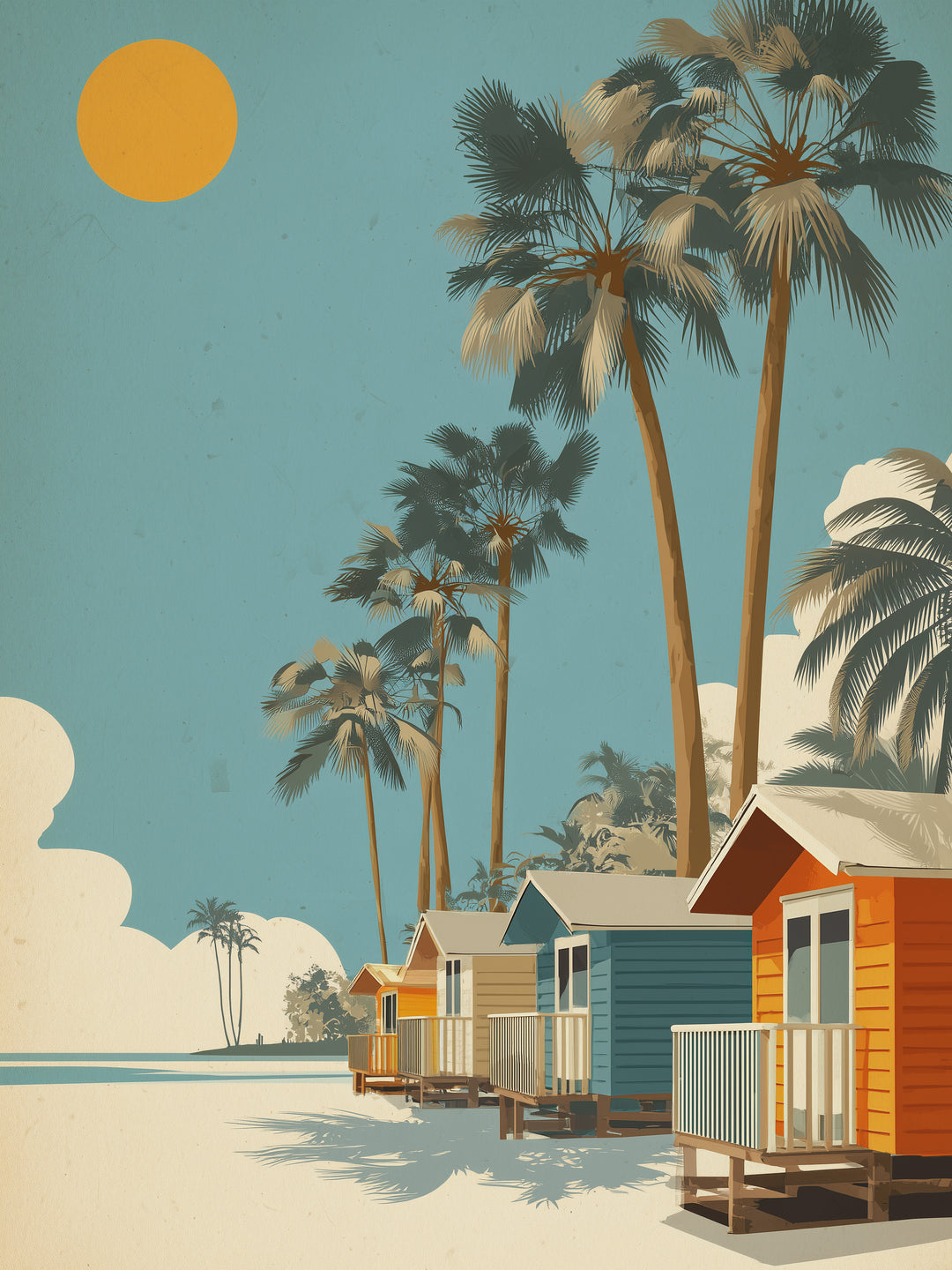 Strandhäuser mit Palmen Retro – Wandkunst