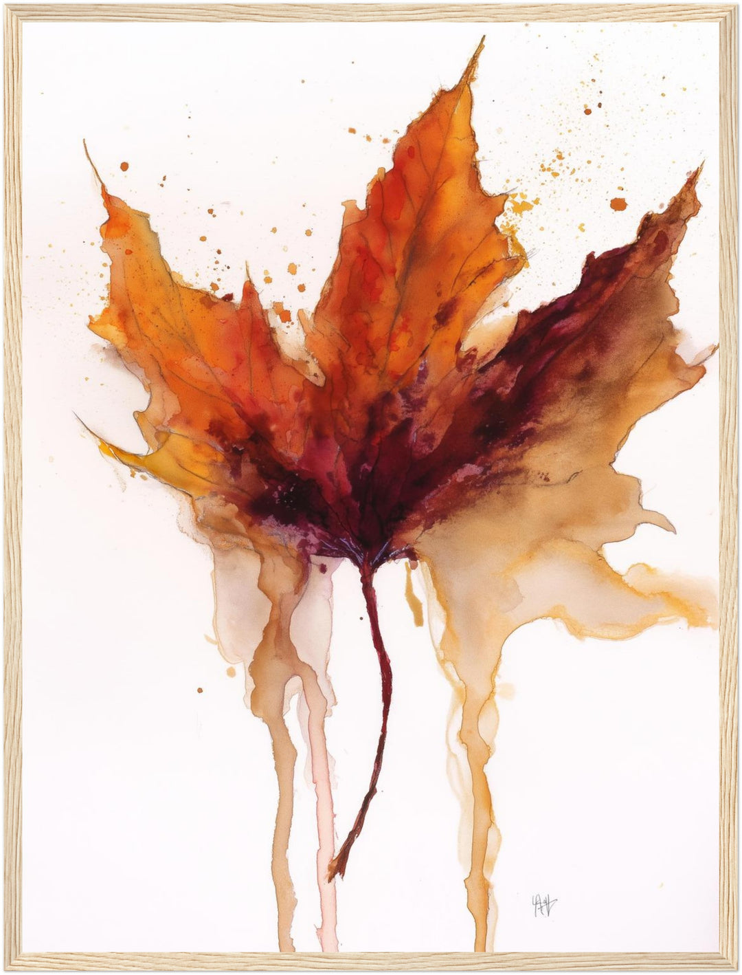 Herbstblatt im Wasserfall Poster – Holz natur Rahmen – Produktfoto