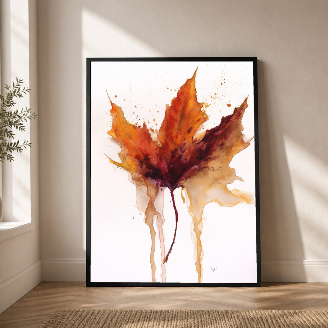 Herbstblatt im Wasserfall Poster – Schwarzer Rahmen – Produktfoto